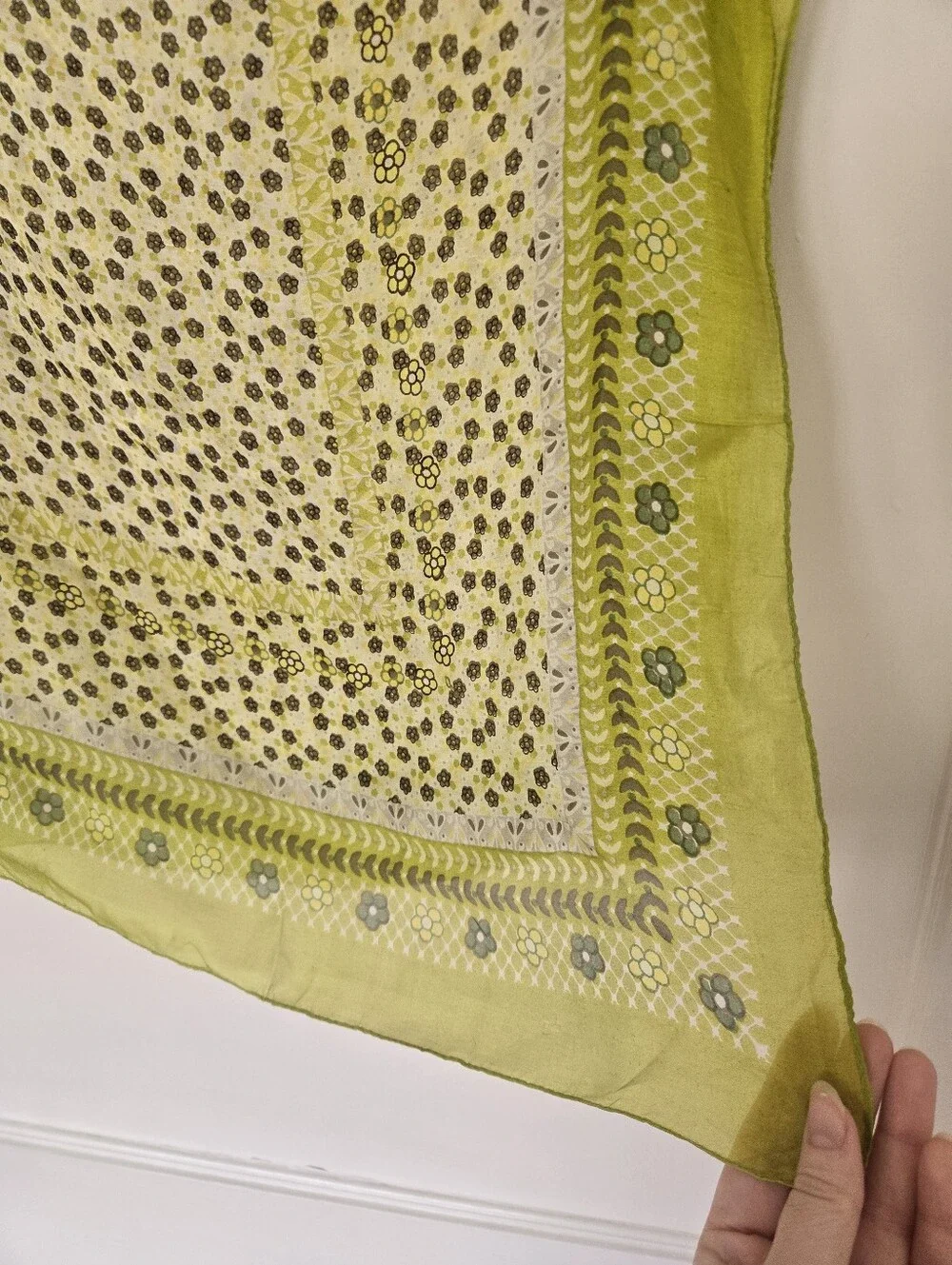 Sundance Catalog Chartreuse Green Ditsy Floral 100% Silk Square Scarf